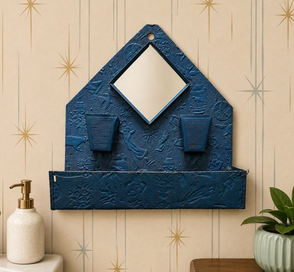 Vintage Tin Wall Mount Bathroom Caddy Mirror Organizer Americana Primitive